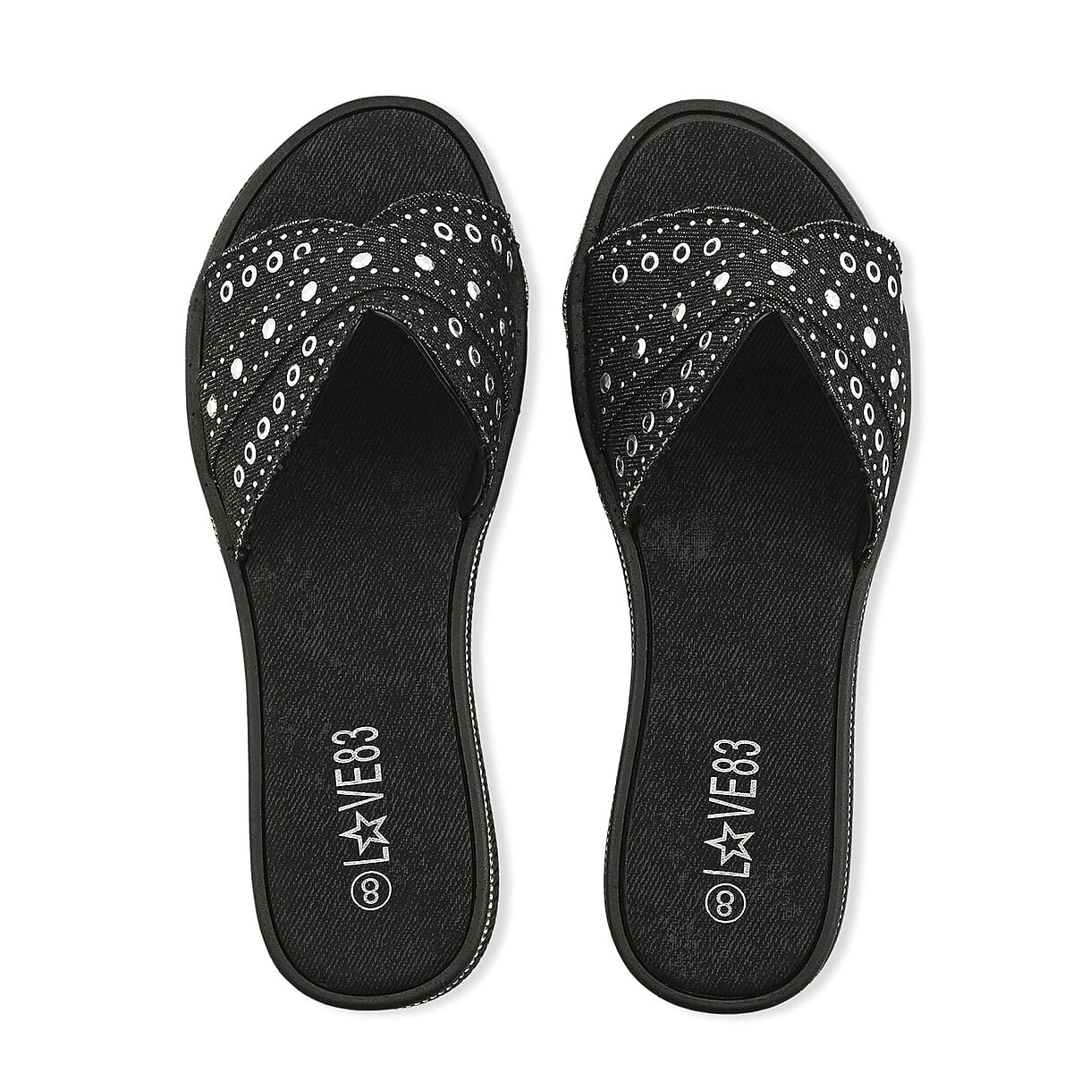 LOVE 83 Black Denim Stud and Rhinestone Slides - M image number 3