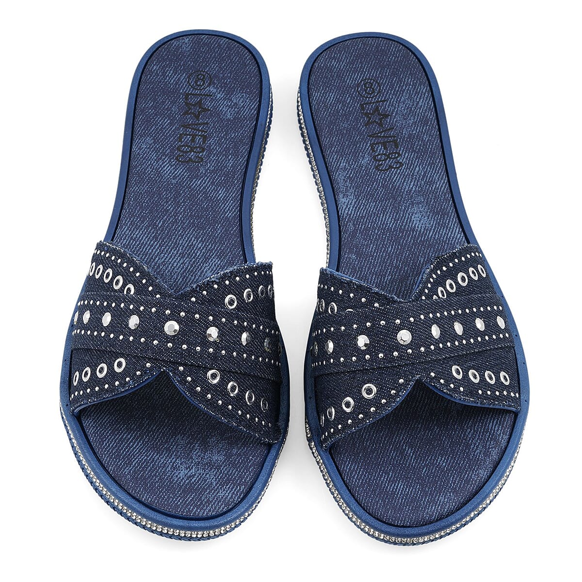 LOVE 83 Navy Denim Stud and Rhinestone Slides - L image number 1