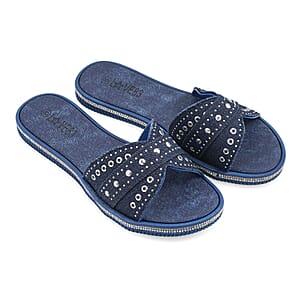 LOVE 83 Navy Denim Stud and Rhinestone Slides - Size 7
