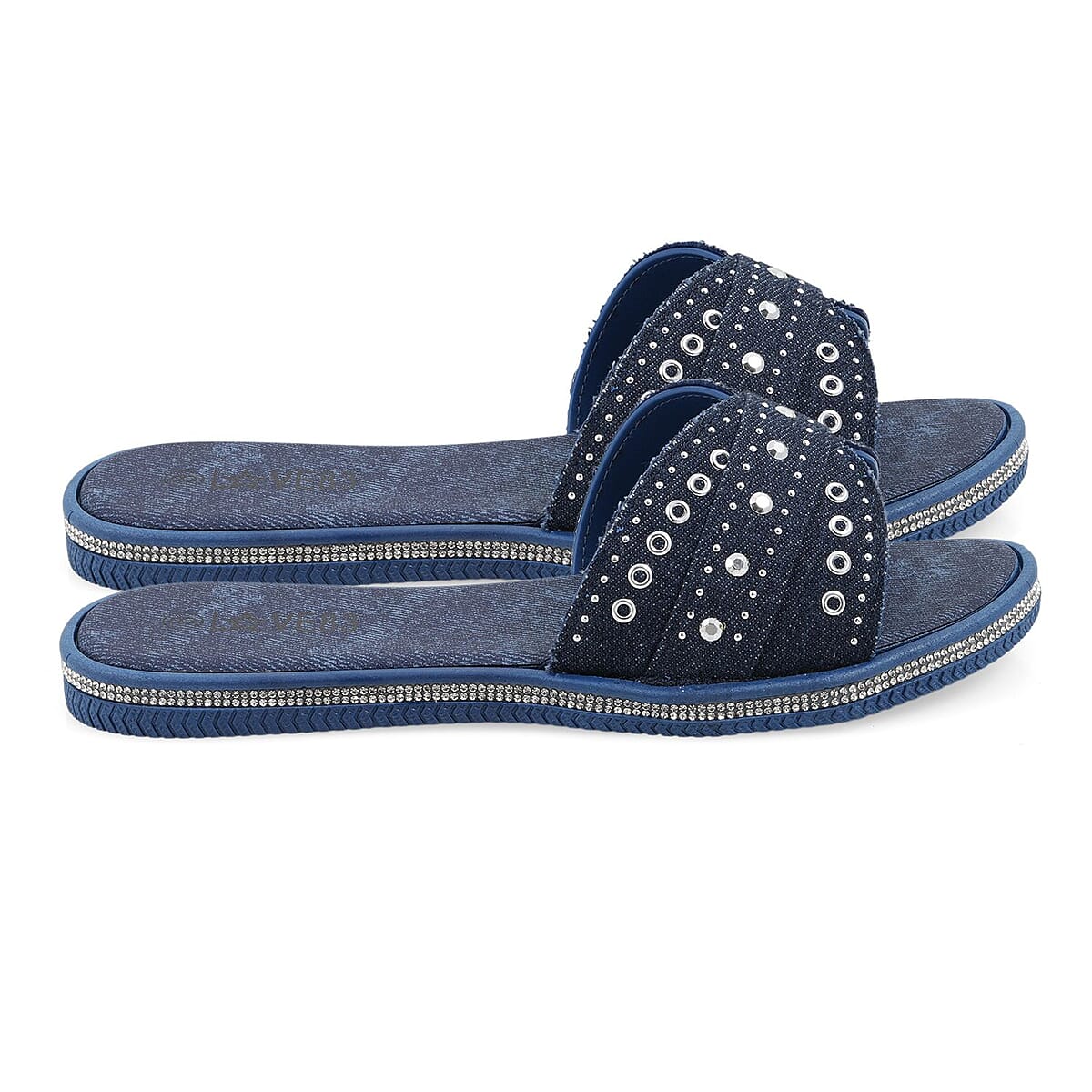 LOVE 83 Navy Denim Stud and Rhinestone Slides - Size 7 image number 2