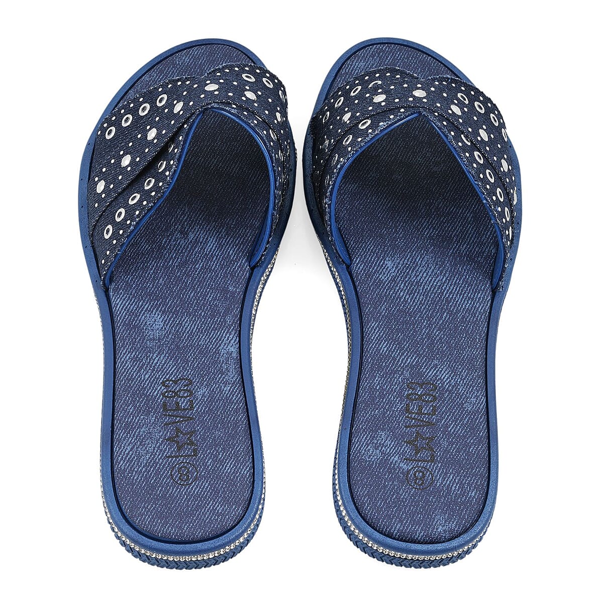 LOVE 83 Navy Denim Stud and Rhinestone Slides - Size 7 image number 3