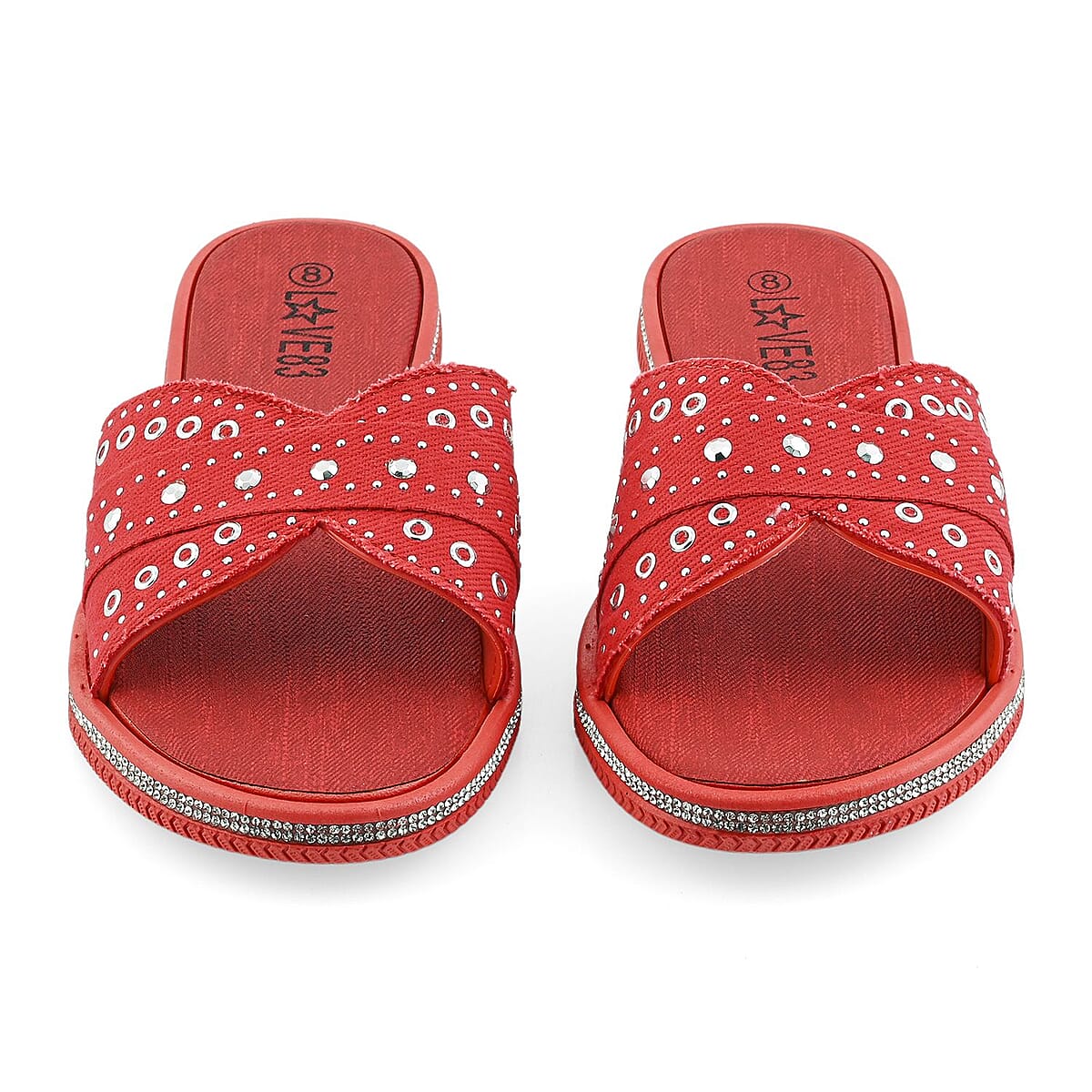 LOVE 83 Black Denim Stud and Rhinestone Slides - M image number 1