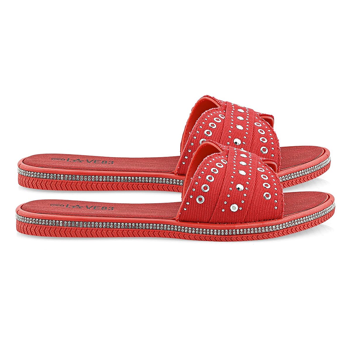 LOVE 83 Black Denim Stud and Rhinestone Slides - M image number 2