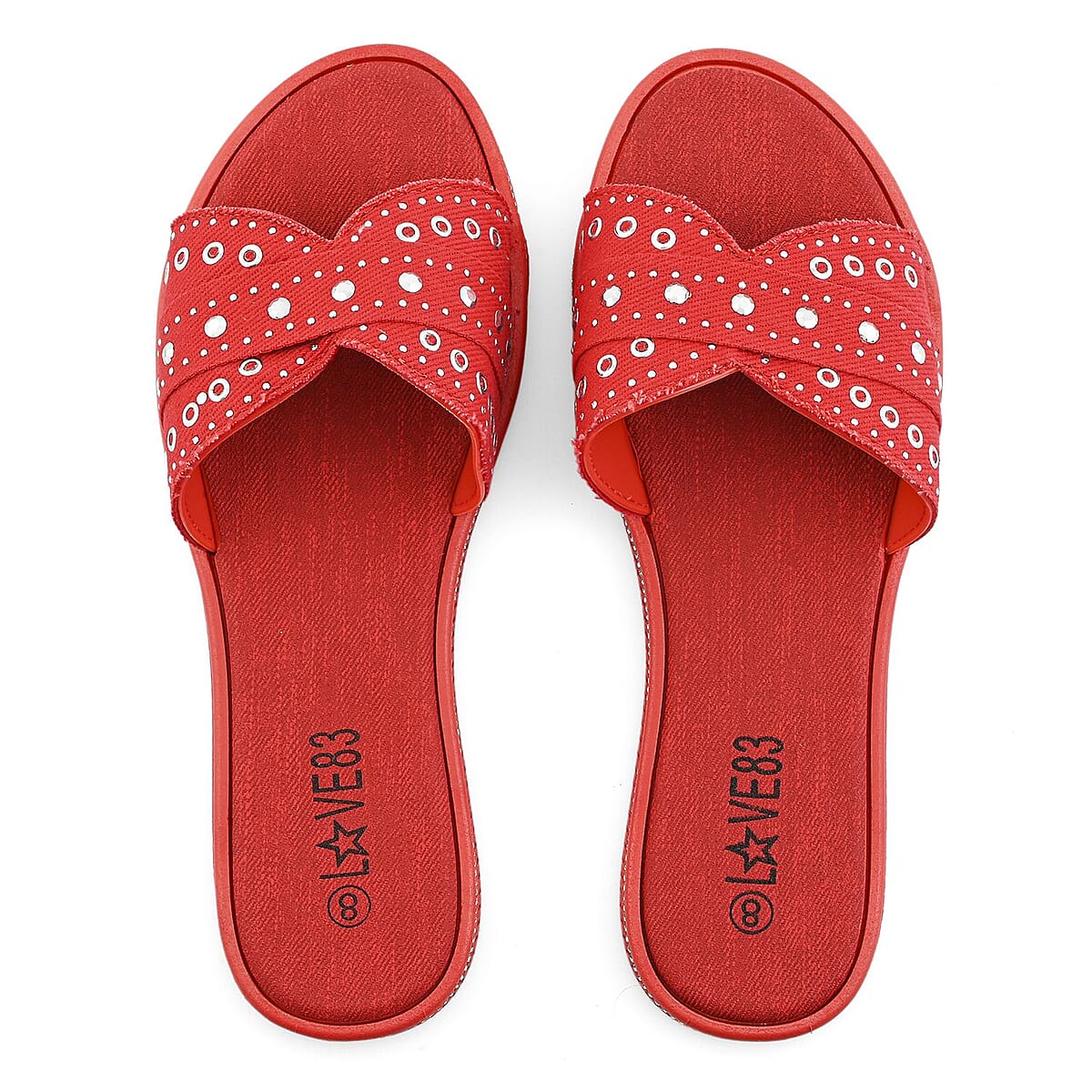 LOVE 83 Black Denim Stud and Rhinestone Slides - M image number 3