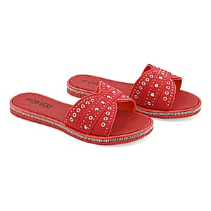 LOVE 83 Red Denim Stud and Rhinestone Slides - S