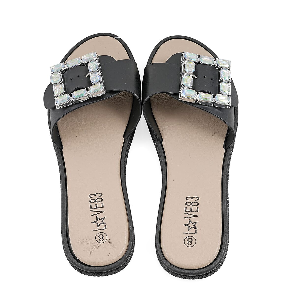LOVE 83 Black Rhinestone Buckle Slides - L image number 3