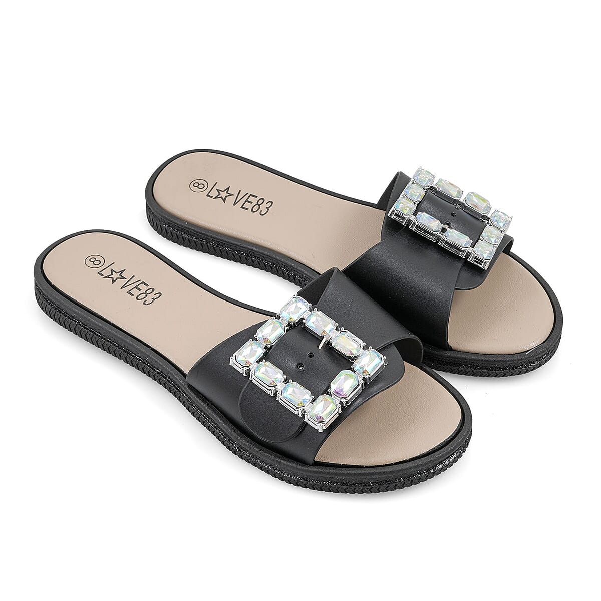 LOVE 83 Black Rhinestone Buckle Slides - M image number 0