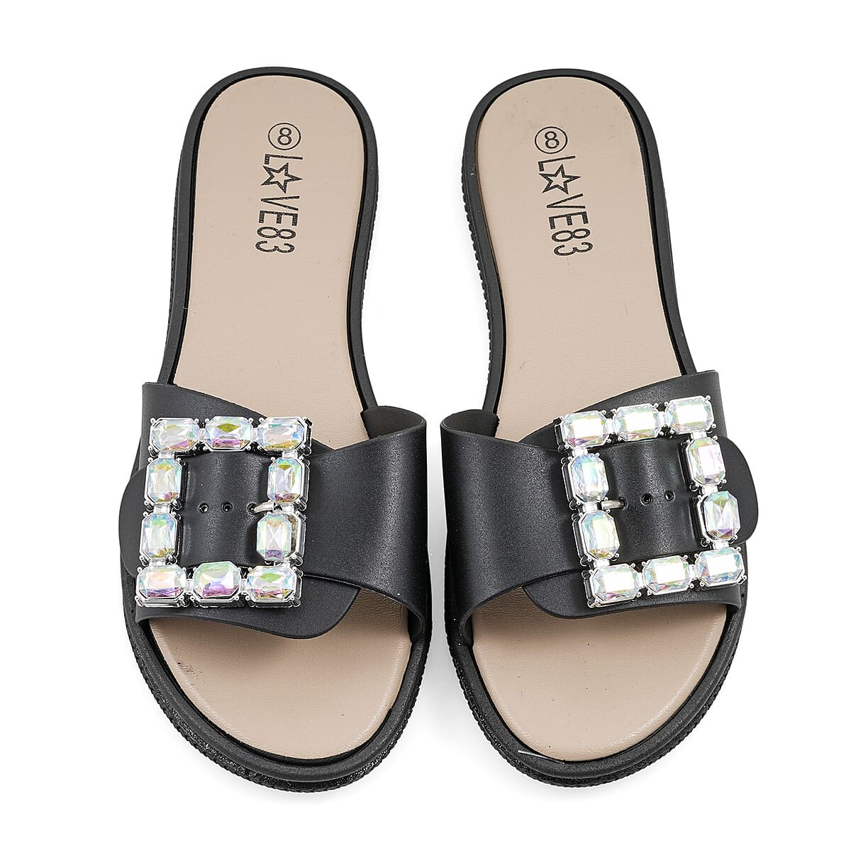 LOVE 83 Black Rhinestone Buckle Slides - M image number 1