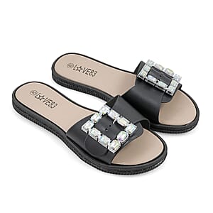 LOVE 83 Black Rhinestone Buckle Slides - S