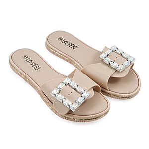 LOVE 83 Beige Rhinestone Buckle Slides - M
