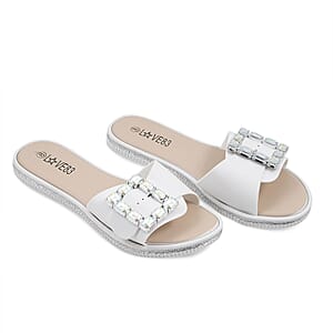 LOVE 83 White Rhinestone Buckle Slides - Size 6