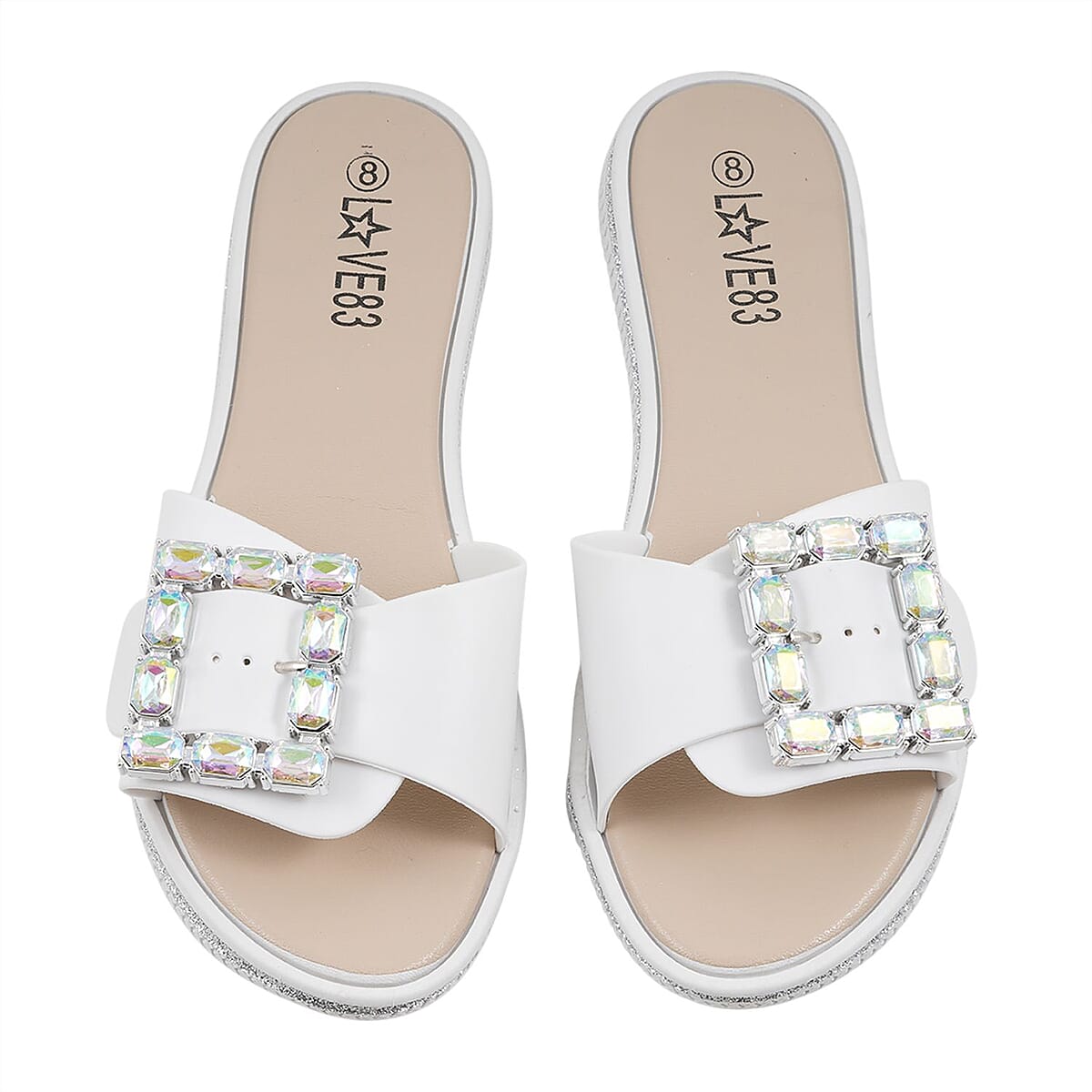 LOVE 83 White Rhinestone Buckle Slides - Size 6 image number 2