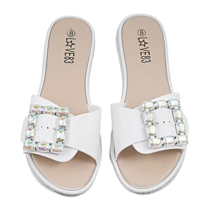 LOVE 83 White Rhinestone Buckle Slides - Size 6