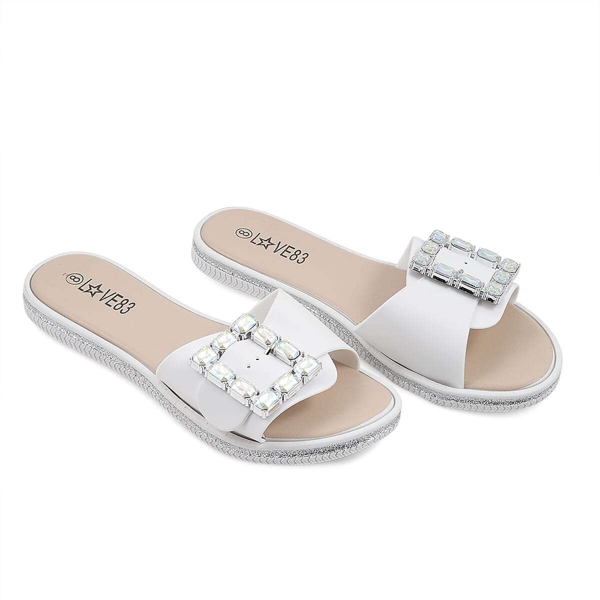 LOVE 83 White Rhinestone Buckle Slides - XL image number 0