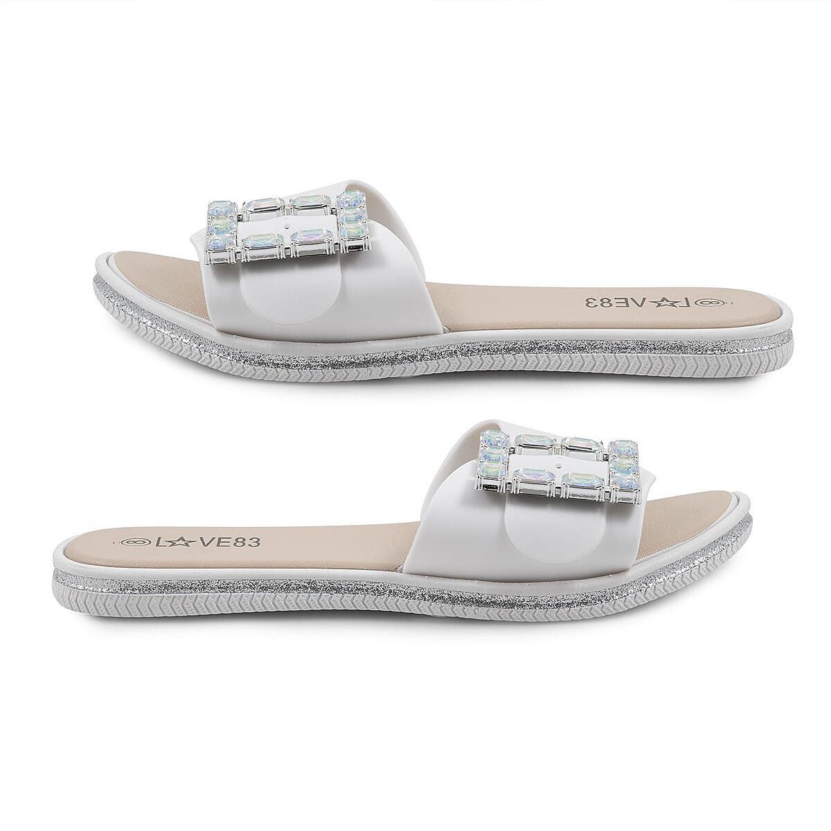 LOVE 83 White Rhinestone Buckle Slides - XL image number 3