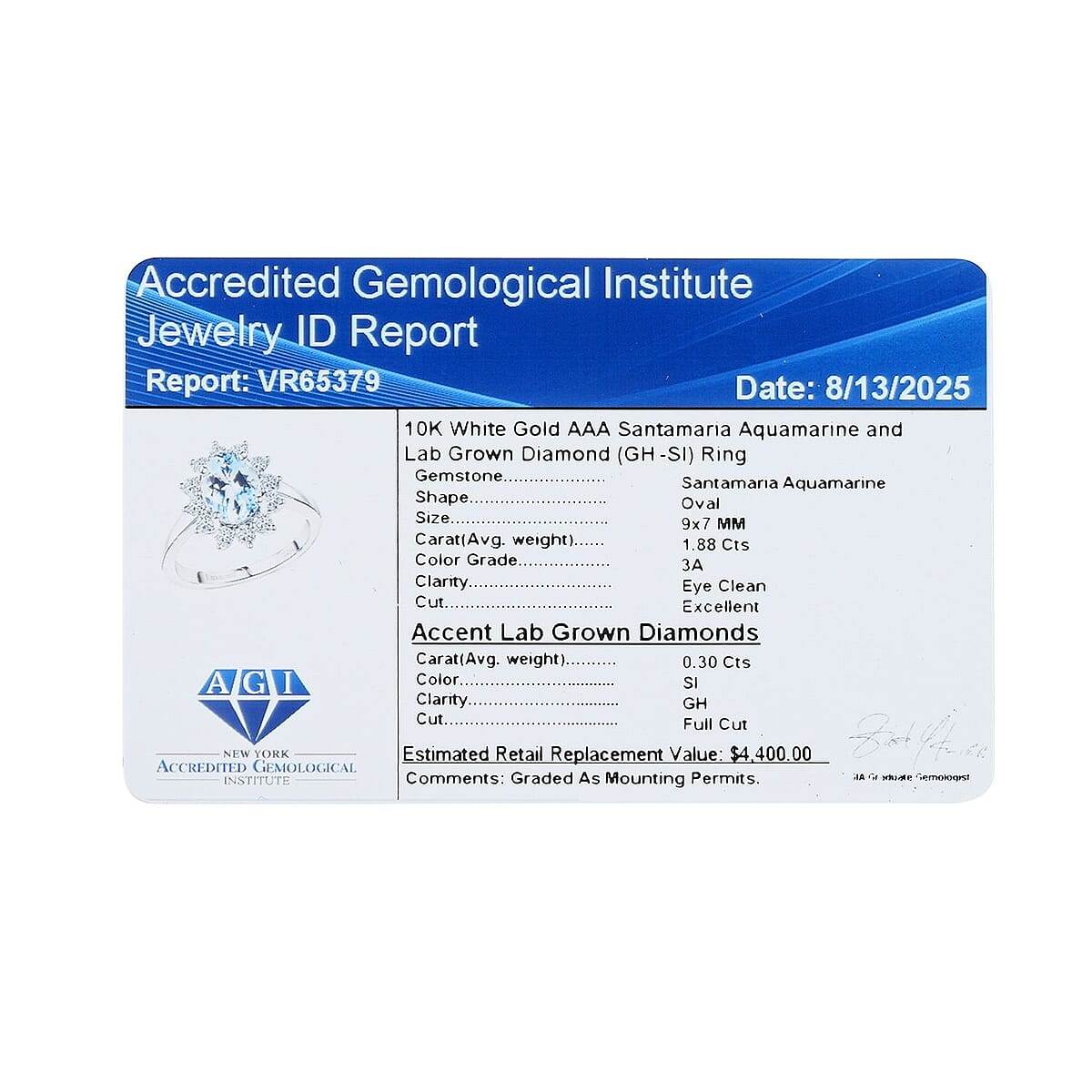 Certified & Appraised AAA Santa Maria Aquamarine and G-H SI Luxuriant Lab Grown Diamond 2.18 ctw Ring in 10K White Gold (Size 8.0) image number 6