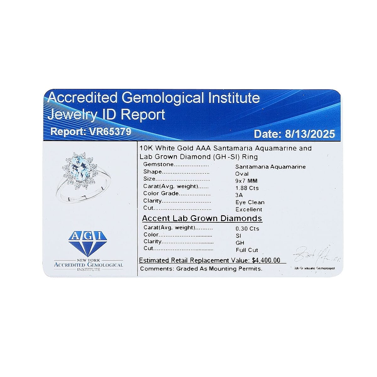 Certified & Appraised AAA Santa Maria Aquamarine and G-H SI Luxuriant Lab Grown Diamond 2.18 ctw Ring in 10K White Gold (Size 8.5) image number 6