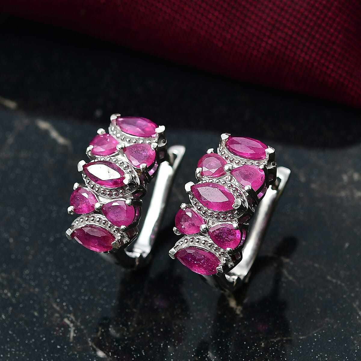 D'Joy Niassa Ruby (FF) 3.70 ctw Hoop Earrings in Rhodium Over Sterling Silver image number 1