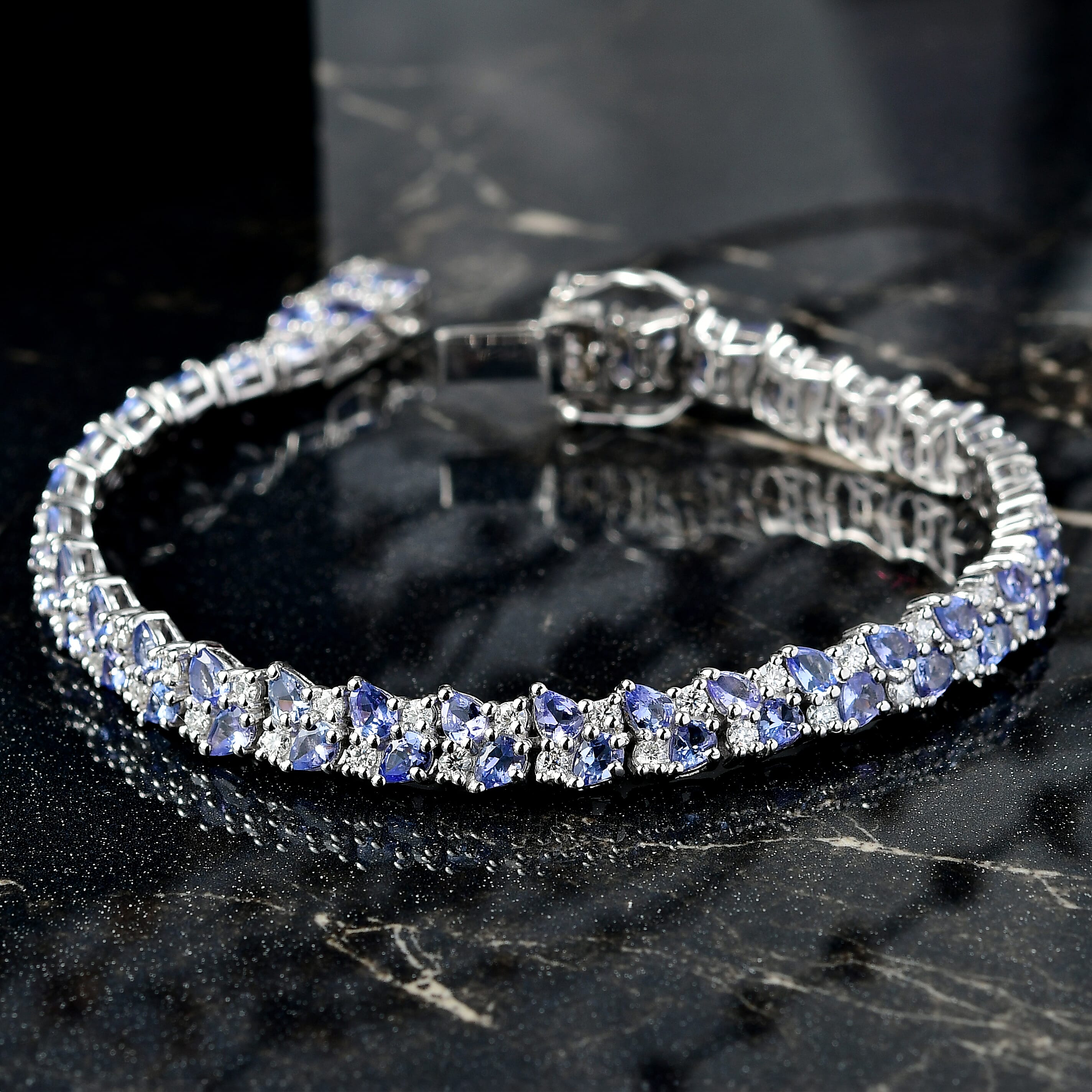 D'Joy Tanzanite and Moissanite 11.60 ctw Blue Sky in Night Bracelet in Rhodium Over Sterling Silver (7.25 In)