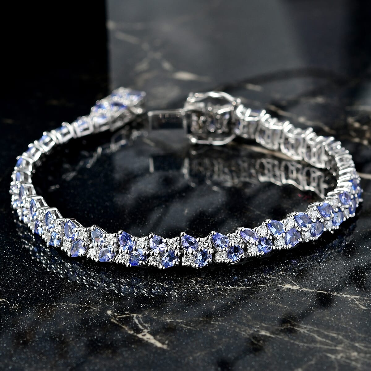 D'Joy Tanzanite and Moissanite 11.60 ctw Blue Sky in Night Bracelet in Rhodium Over Sterling Silver (7.25 In) image number 1