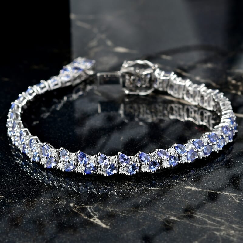 D'Joy Tanzanite and Moissanite 11.60 ctw Blue Sky in Night Bracelet in Rhodium Over Sterling Silver (7.25 In)