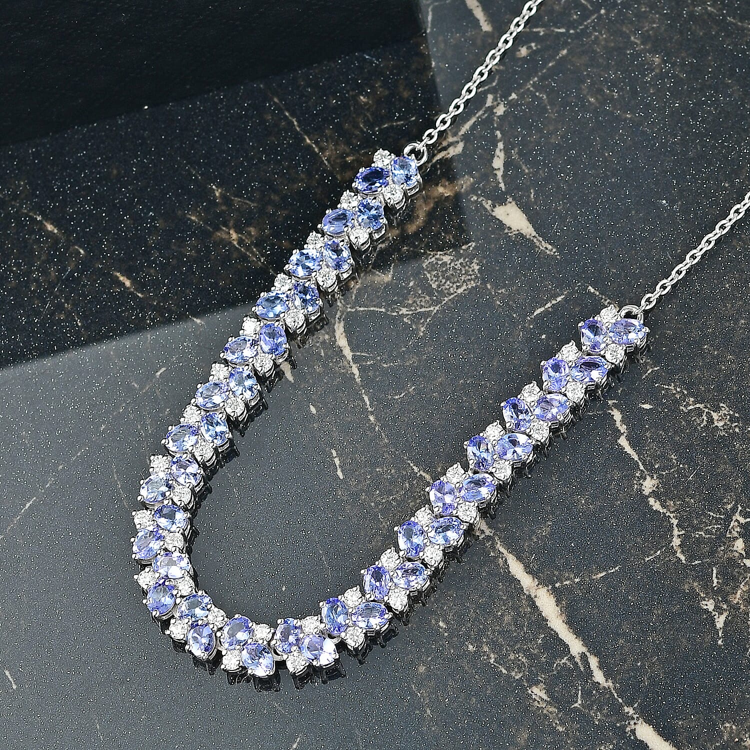Epic Deal D'Joy Tanzanite, Moissanite Blue Sky in Night Necklace (18 Inches) in Rhodium Over Sterling Silver 8.40 ctw