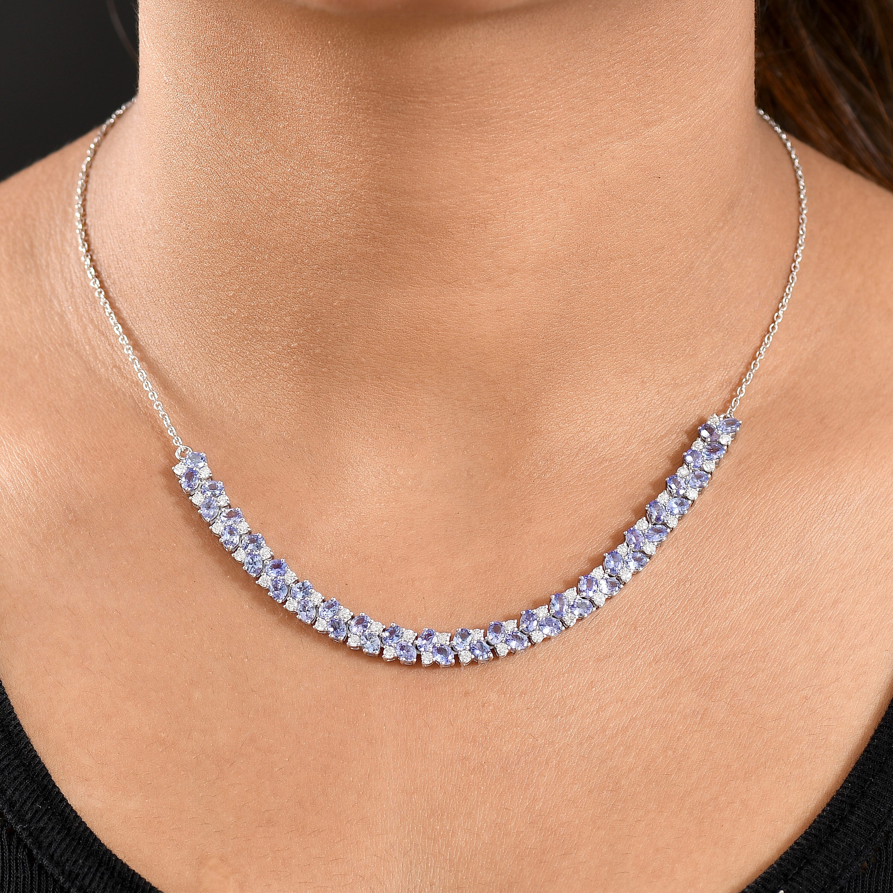 D'Joy Tanzanite and Moissanite 8.40 ctw Blue Sky in Night Necklace 18 Inches in Rhodium Over Sterling Silver