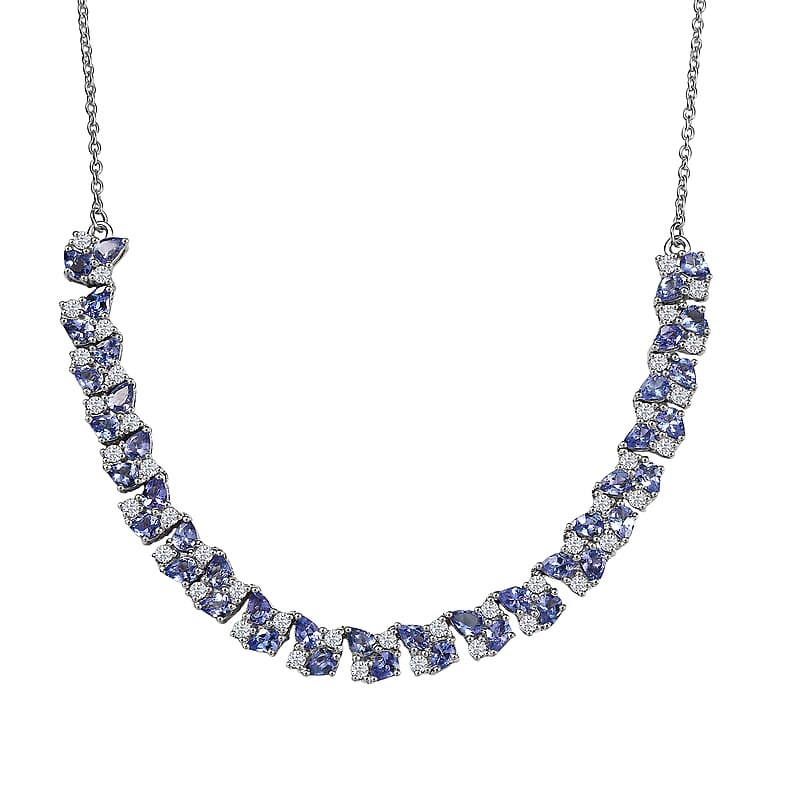 D'Joy Tanzanite and Moissanite 8.00 ctw Blue Sky in Night Necklace 18 Inches in Rhodium Over Sterling Silver