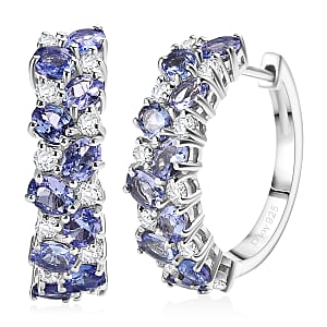 D'Joy Tanzanite and Moissanite 4.00 ctw Hoop Earrings in Rhodium Over Sterling Silver 
