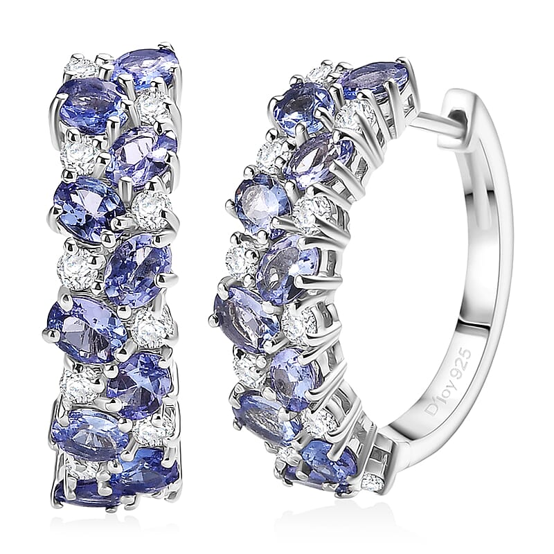 D'Joy Tanzanite and Moissanite 4.00 ctw Blue Sky in Night Earrings in Rhodium Over Sterling Silver