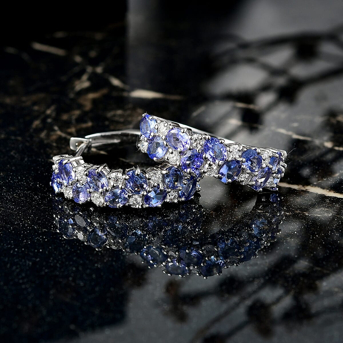 D'Joy Tanzanite and Moissanite 4.00 ctw Hoop Earrings in Rhodium Over Sterling Silver  image number 1