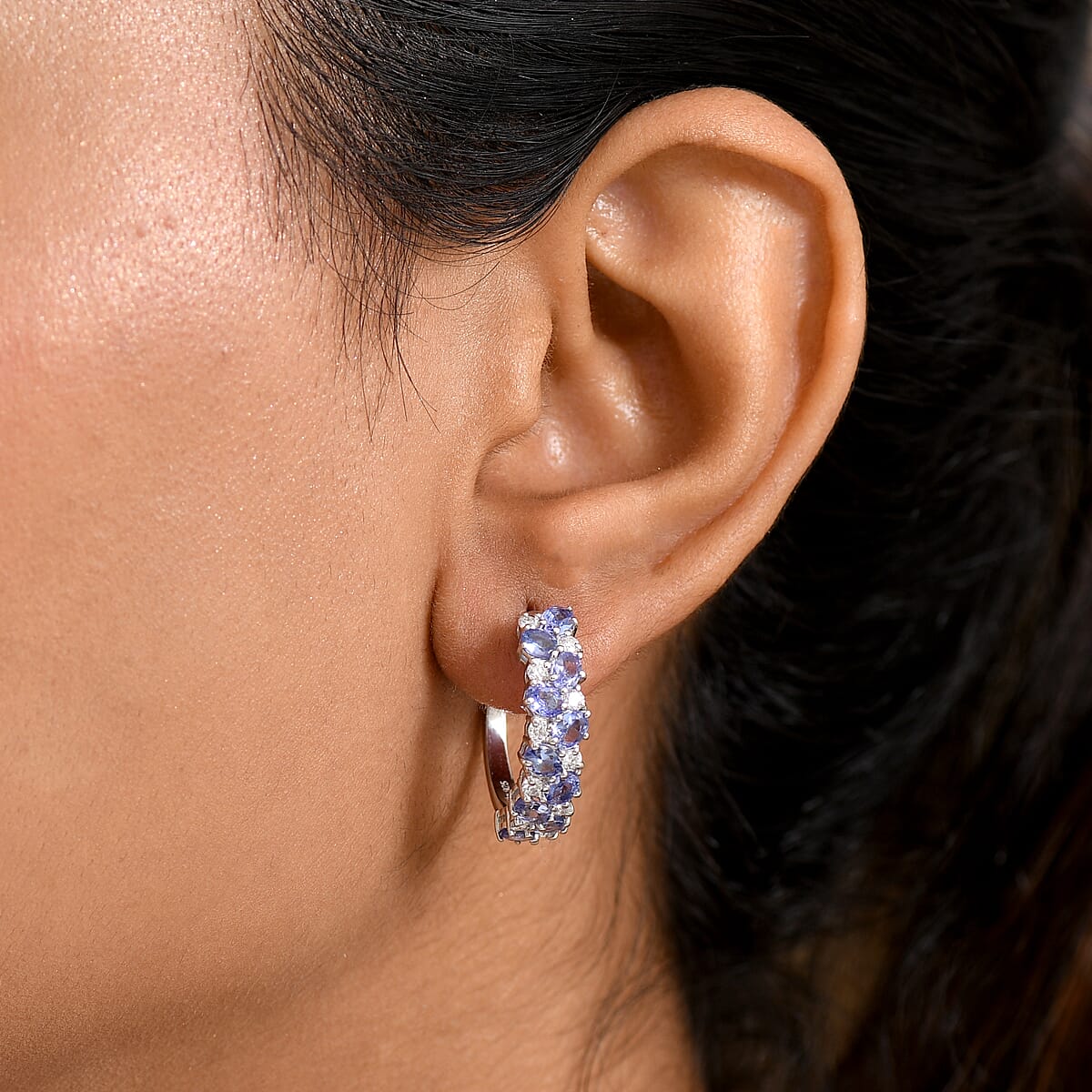 D'Joy Tanzanite and Moissanite 4.00 ctw Hoop Earrings in Rhodium Over Sterling Silver  image number 2