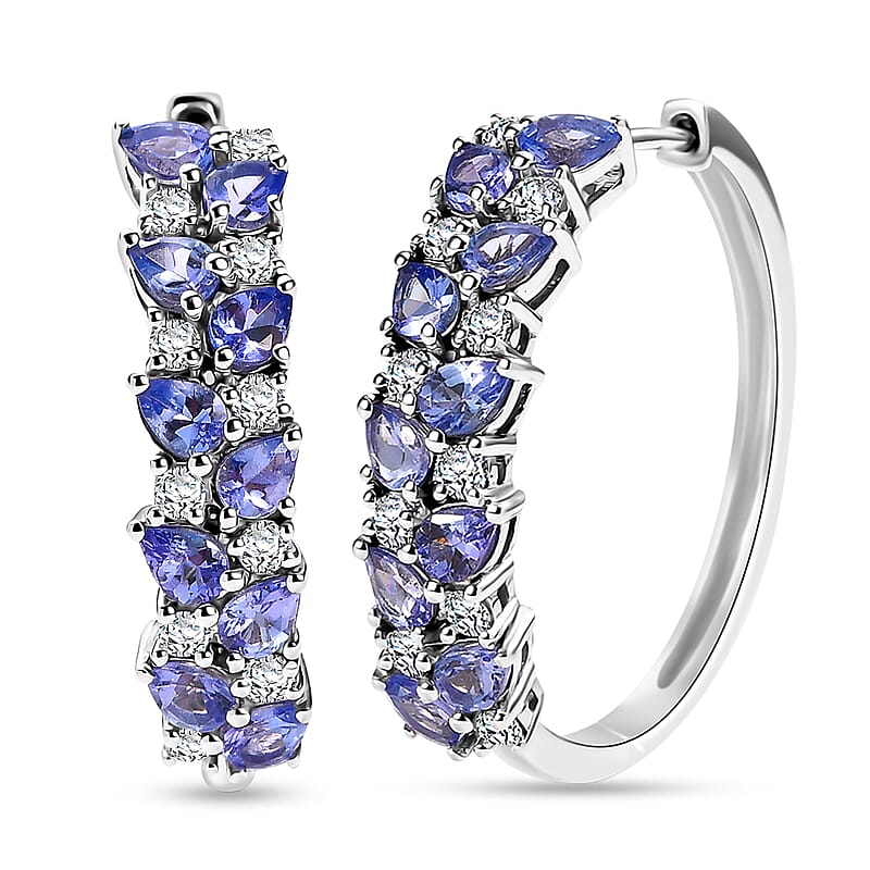 D'Joy Tanzanite and Moissanite 3.40 ctw Blue Sky in Night Earrings in Rhodium Over Sterling Silver