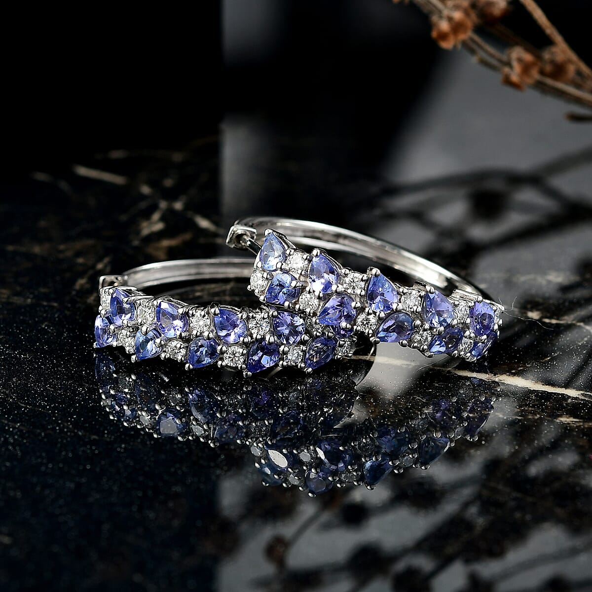 D'Joy Tanzanite and Moissanite 3.40 ctw Hoop Earrings in Rhodium Over Sterling Silver image number 1