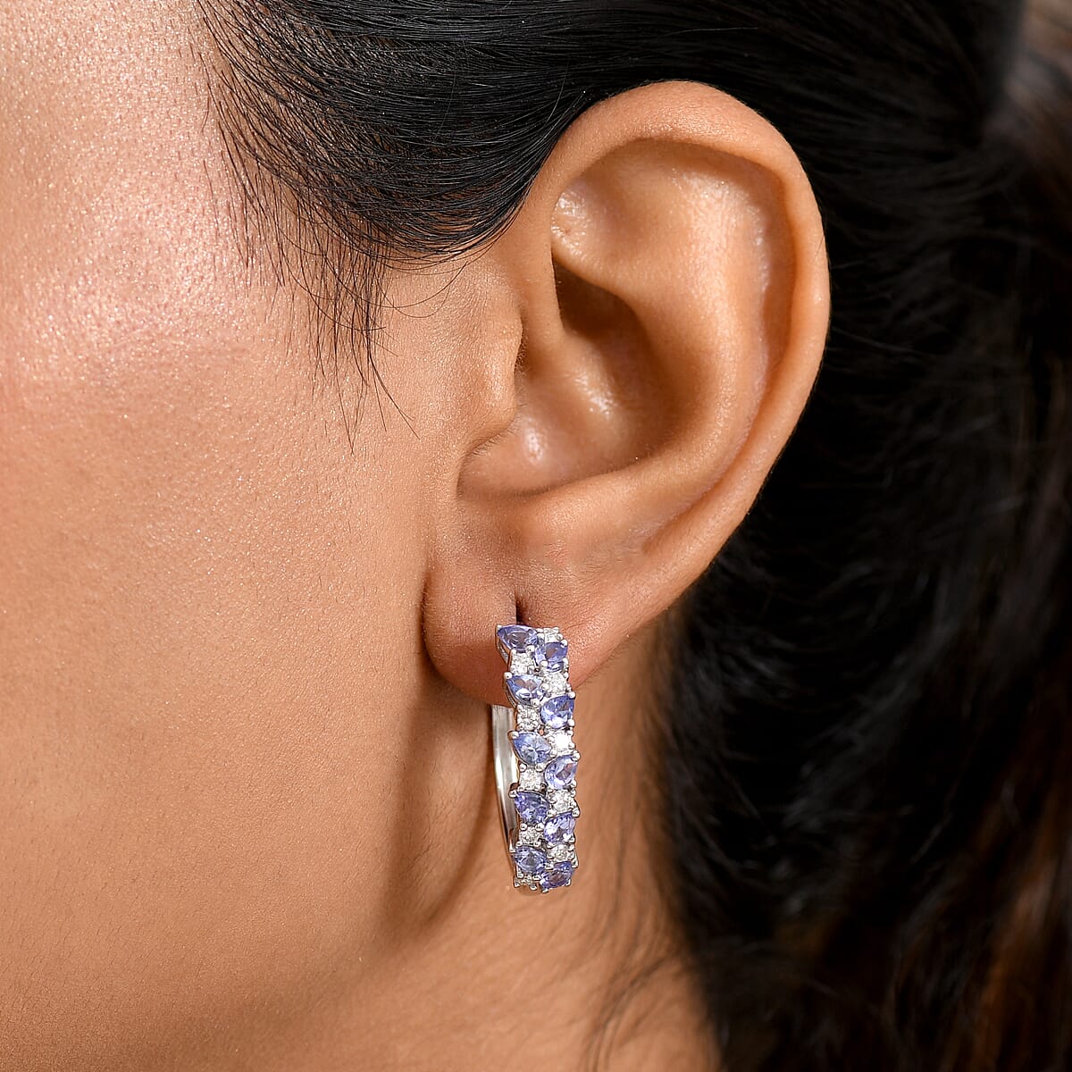 D'Joy Tanzanite and Moissanite 3.40 ctw Hoop Earrings in Rhodium Over Sterling Silver image number 2