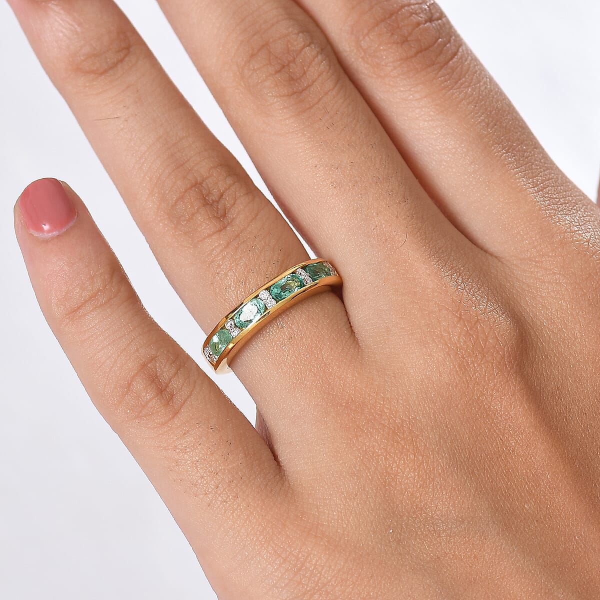 D'Joy Premium Kagem Zambian Emerald and Moissanite 1.10 ctw Ring in 18K Vermeil Yellow Gold Over Sterling Silver (Size 6.0) image number 2