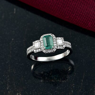 D'Joy Premium Kagem Zambian Emerald and Moissanite 1.10 ctw Ring in Rhodium Over Sterling Silver (Size 6.0)