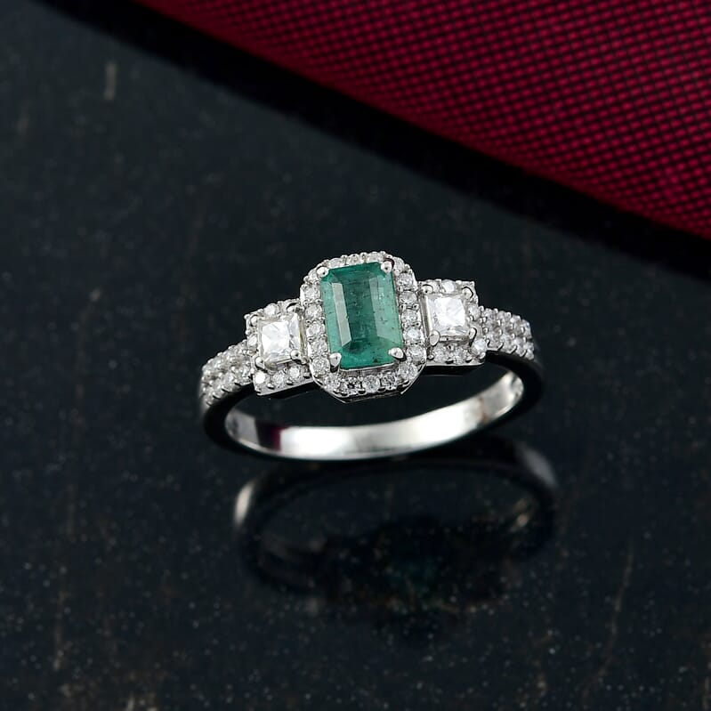 D'Joy Premium Kagem Zambian Emerald and Moissanite 1.10 ctw Ring in Rhodium Over Sterling Silver (Size 6.0)