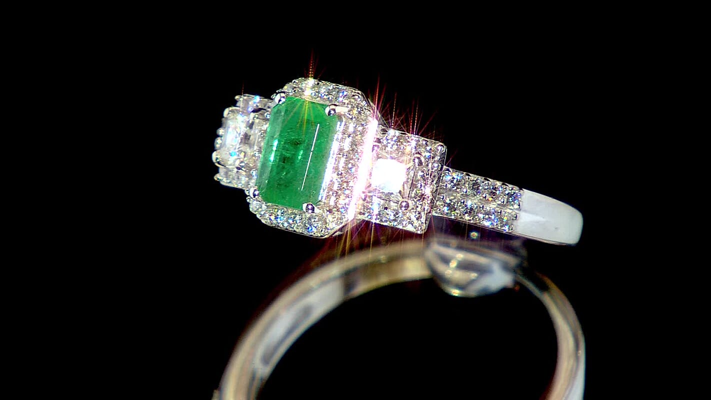 D'Joy Premium Kagem Zambian Emerald and Moissanite 1.10 ctw Ring in Rhodium Over Sterling Silver (Size 6.0)