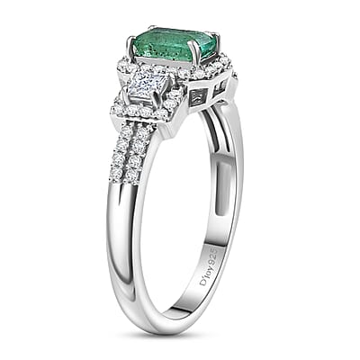 D'Joy Premium Kagem Zambian Emerald and Moissanite 1.10 ctw Ring in Rhodium Over Sterling Silver (Size 6.0)