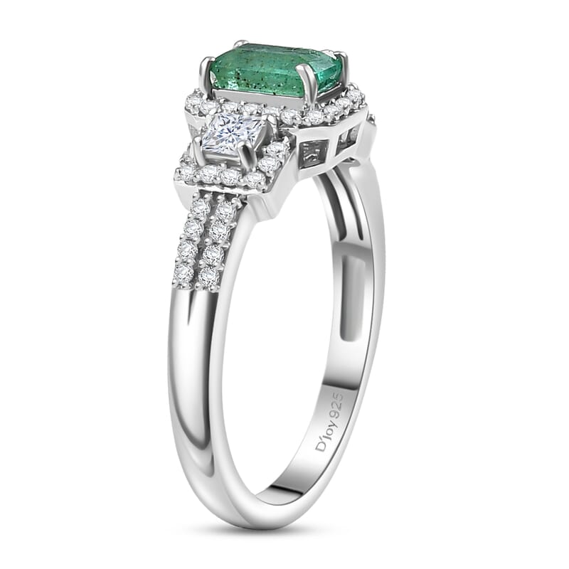 D'Joy Premium Kagem Zambian Emerald and Moissanite 1.10 ctw Ring in Rhodium Over Sterling Silver (Size 6.0)