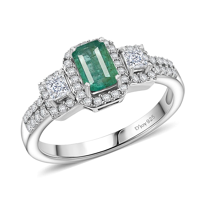 D'Joy Premium Kagem Zambian Emerald and Moissanite 1.10 ctw Ring in Rhodium Over Sterling Silver (Size 7.0)