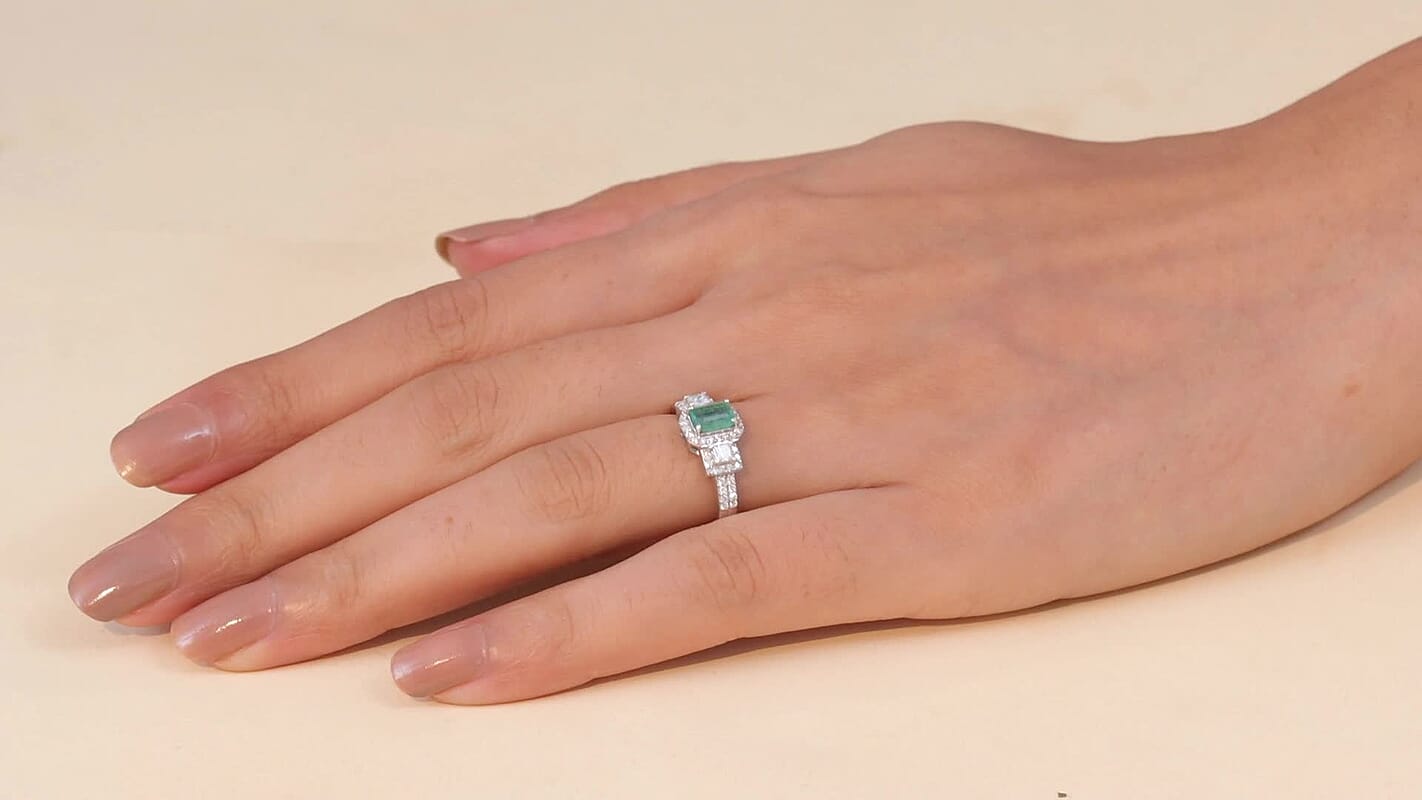 D'Joy Premium Kagem Zambian Emerald, Moissanite Ring in Rhodium Over Sterling Silver (Size 6.0) 1.10 ctw