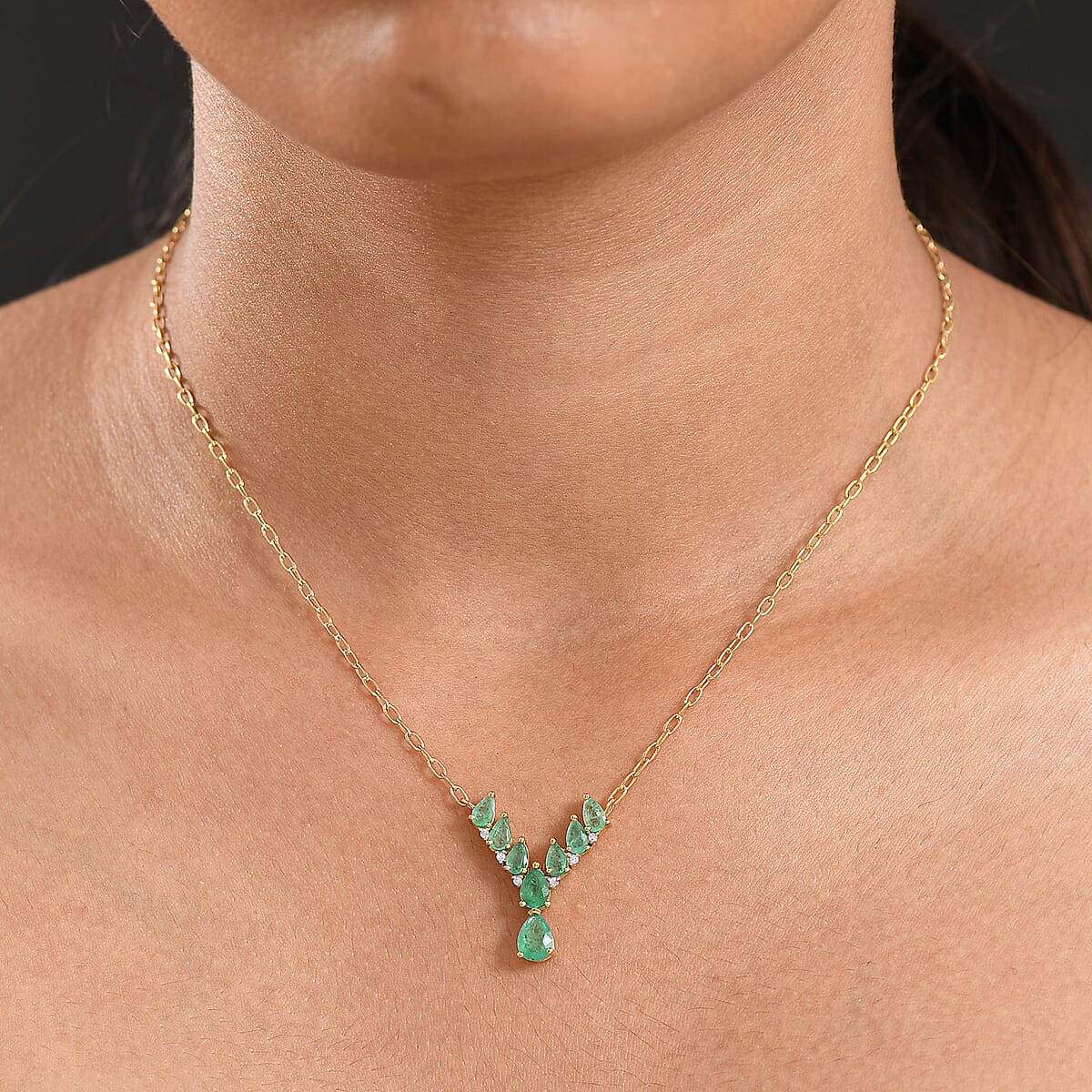 D'Joy AAA Kagem Zambian Emerald and Moissanite 2.10 ctw Necklace in 18K Vermeil Yellow Gold Over Sterling Silver 18 Inches image number 2