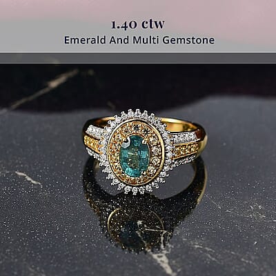 D'Joy Premium Kagem Zambian Emerald, Multi Gemstone Ring in 18K Vermeil YG Over Sterling Silver (Size 10.0) 1.40 ctw