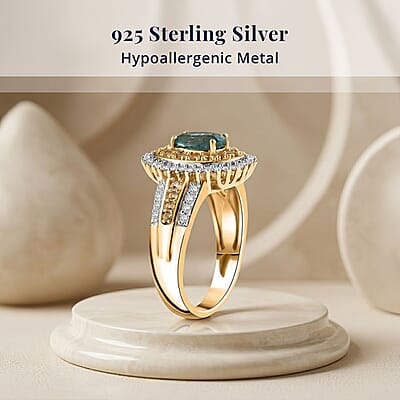 D'Joy Premium Kagem Zambian Emerald, Multi Gemstone Ring in 18K Vermeil YG Over Sterling Silver (Size 10.0) 1.40 ctw