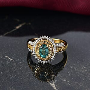 D'Joy Premium Kagem Zambian Emerald, Multi Gemstone Ring in 18K Vermeil YG Over Sterling Silver (Size 6.0) 1.40 ctw