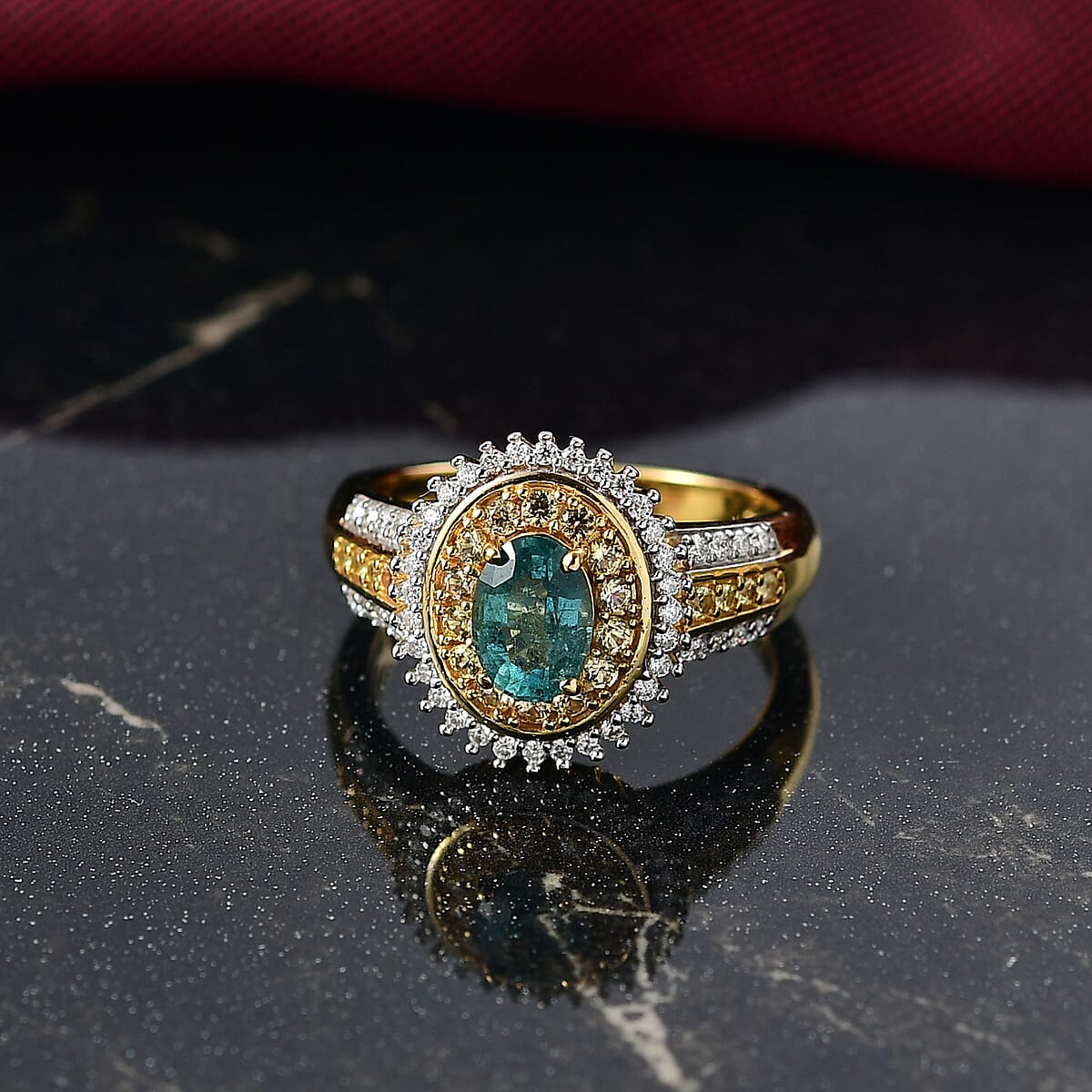 D'Joy Premium Kagem Zambian Emerald and Multi Gemstone 1.40 ctw Ring in 18K Vermeil Yellow Gold Over Sterling Silver (Size 7.0) image number 1