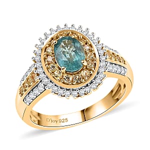 D'Joy Premium Kagem Zambian Emerald, Multi Gemstone Ring in 18K Vermeil YG Over Sterling Silver (Size 8.0) 1.40 ctw