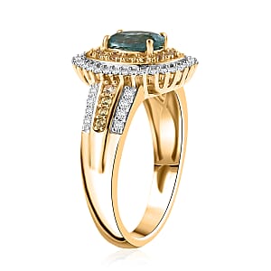 D'Joy Premium Kagem Zambian Emerald, Multi Gemstone Ring in 18K Vermeil YG Over Sterling Silver (Size 8.0) 1.40 ctw